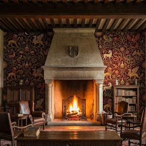 Pu&ograve; includere: Una stanza accogliente con un camino acceso, un camino in pietra e carta da parati a motivi. La stanza presenta mobili in legno, tra cui sedie, un tavolo e una libreria. Il soffitto ha travi di legno a vista.