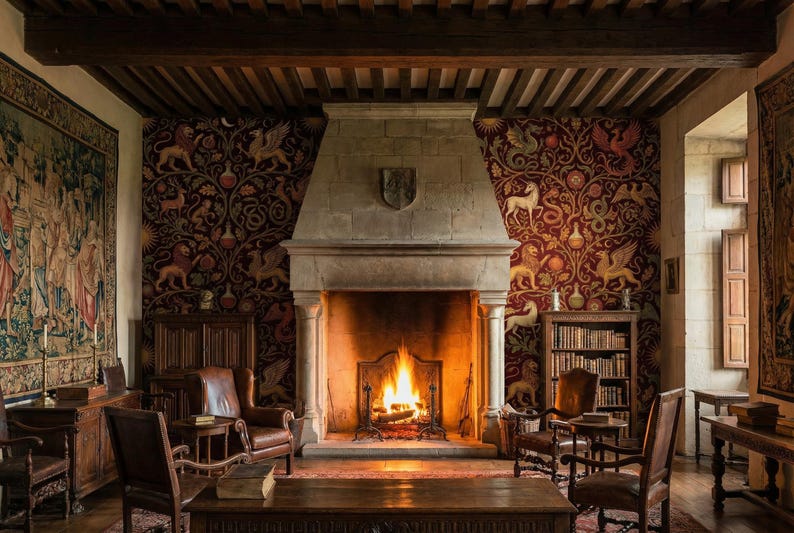 Pu&ograve; includere: Una stanza accogliente con un camino acceso, un camino in pietra e carta da parati a motivi. La stanza presenta mobili in legno, tra cui sedie, un tavolo e una libreria. Il soffitto ha travi di legno a vista.