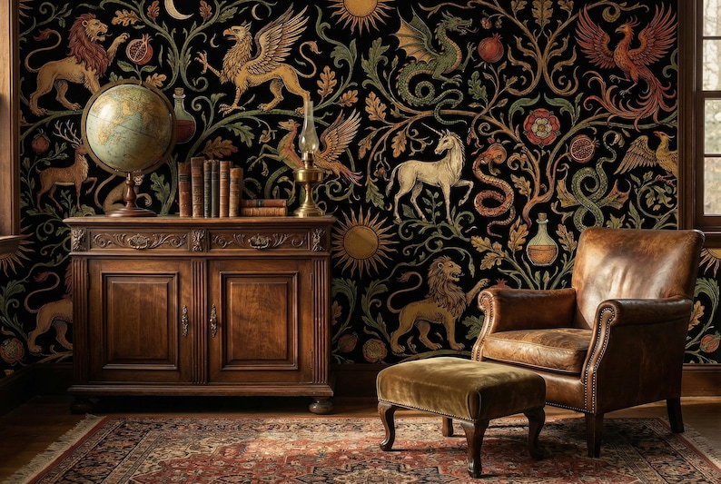 Pu&ograve; includere: Una stanza con carta da parati scura a motivi con creature mitiche e fogliame. Un mobile in legno contiene libri e un mappamondo. Una poltrona e un pouf in pelle poggiano su un tappeto fantasia, creando un'estetica vintage e accogliente.