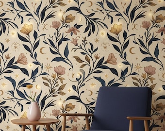 Celestial Floral Wallpaper, Moon Peel Stick Botanical Mural, Beige Removable Wall Paper