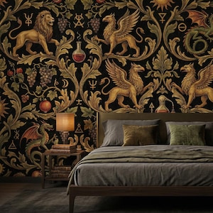 Alchemy Gothic Wallpaper Dark Peel Stick Mythical Mural Dragon Griffin Removable Vintage Wall Paper