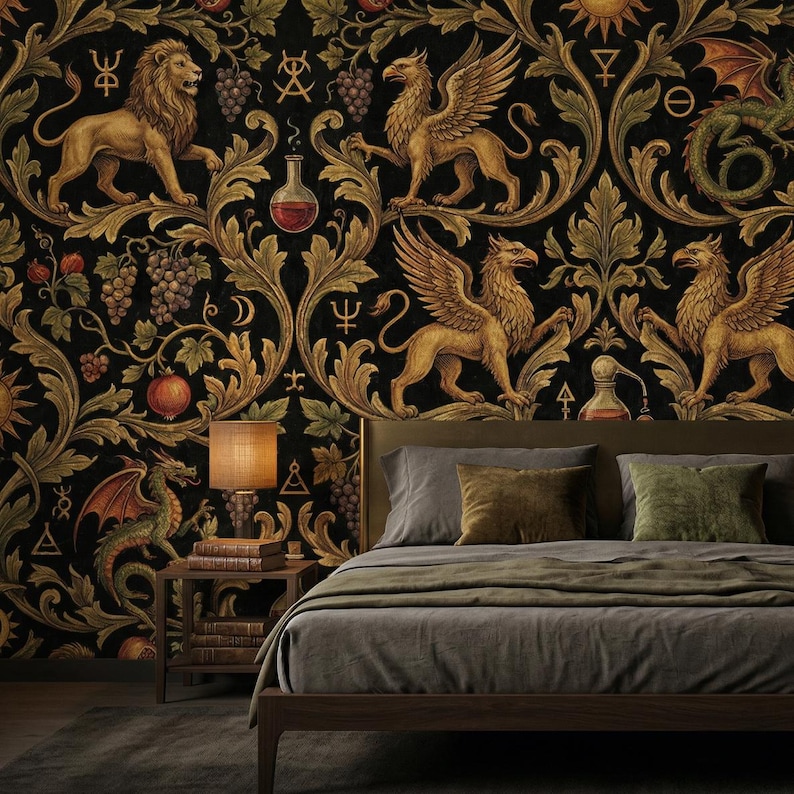 Alchemy Gothic Wallpaper Dark Peel Stick Mythical Mural Dragon Griffin Removable Vintage Wall Paper