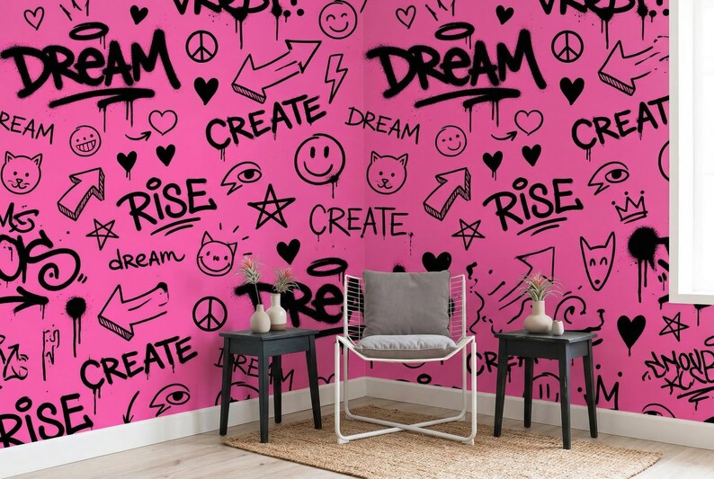 Pink Graffiti Wallpaper Mural, Y2K Street Art Pattern, Teen Room Peel ...