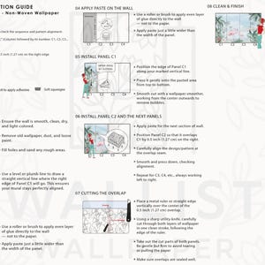 Pode incluir: Guia de instala&ccedil;&atilde;o para papel de parede tradicional n&atilde;o tecido. Instru&ccedil;&otilde;es para ferramentas, prepara&ccedil;&atilde;o da parede, marca&ccedil;&atilde;o, aplica&ccedil;&atilde;o de cola, instala&ccedil;&atilde;o de pain&eacute;is, corte de sobreposi&ccedil;&atilde;o e limpeza. Com diagramas e texto.
