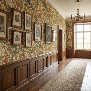 Pode incluir: Um corredor com obras de arte emolduradas e papel de parede com padr&otilde;es de gatos e desenhos florais. As paredes t&ecirc;m pain&eacute;is de madeira escura e o ch&atilde;o &eacute; de madeira. Um candelabro pende do teto.
