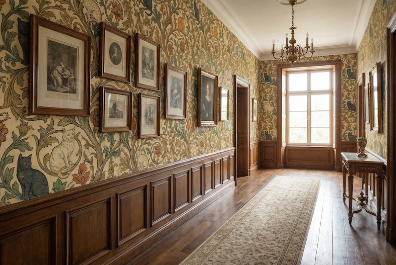 Pode incluir: Um corredor com obras de arte emolduradas e papel de parede com padr&otilde;es de gatos e desenhos florais. As paredes t&ecirc;m pain&eacute;is de madeira escura e o ch&atilde;o &eacute; de madeira. Um candelabro pende do teto.
