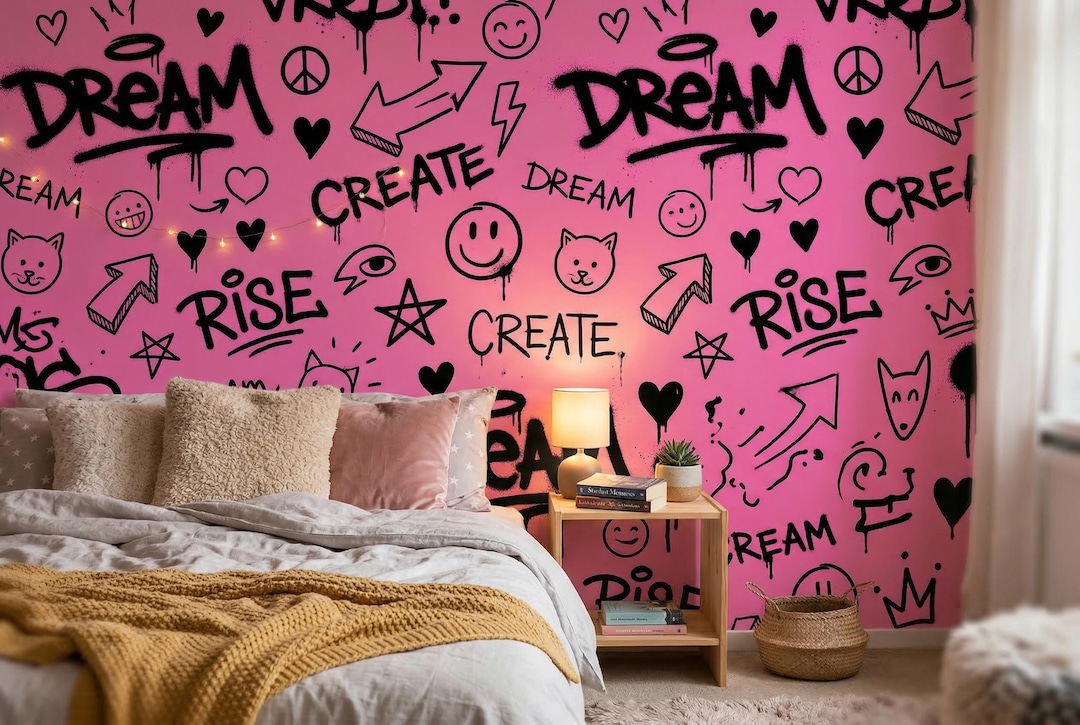 Pink Graffiti Wallpaper Mural, Y2K Street Art Pattern, Teen Room Peel ...