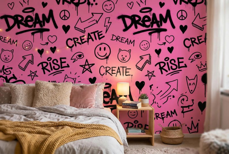 Pink Graffiti Wallpaper Mural, Y2K Street Art Pattern, Teen Room Peel ...