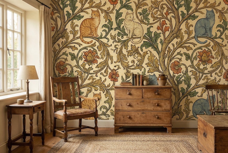 Pode incluir: Um quarto com papel de parede floral com gatos em laranja, branco e azul. O quarto inclui m&oacute;veis de madeira: uma cadeira, uma c&ocirc;moda, uma mesa lateral com uma l&acirc;mpada e um ba&uacute;. A paleta de cores &eacute; quente.