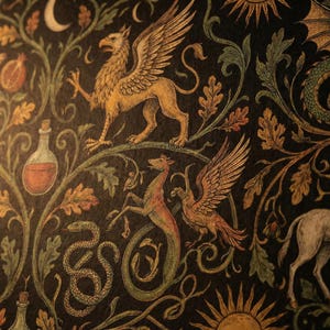 Pu&ograve; includere: Sfondo scuro con un motivo ripetuto di creature mitiche ed elementi botanici. Il design include un leone, un grifone, un drago, un unicorno e un serpente, insieme a foglie, lune e soli.