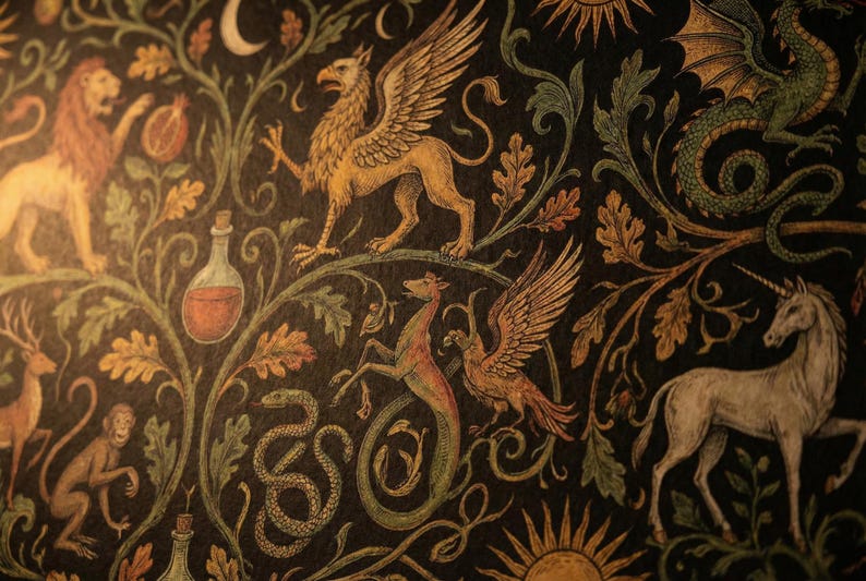 Pu&ograve; includere: Sfondo scuro con un motivo ripetuto di creature mitiche ed elementi botanici. Il design include un leone, un grifone, un drago, un unicorno e un serpente, insieme a foglie, lune e soli.