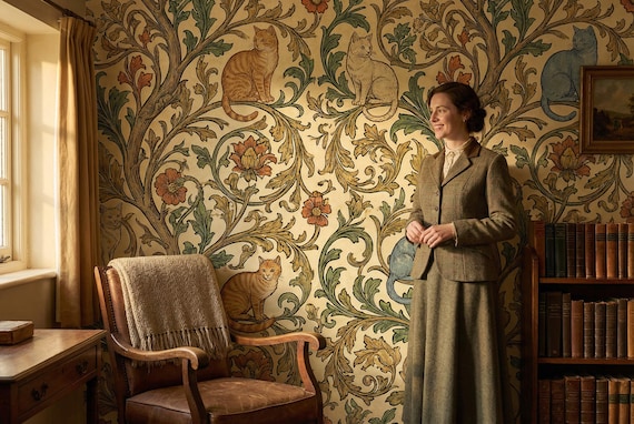 William Morris Style Vintage Cat & Botanical Wallpaper: Removable Peel and Stick Wall Decor