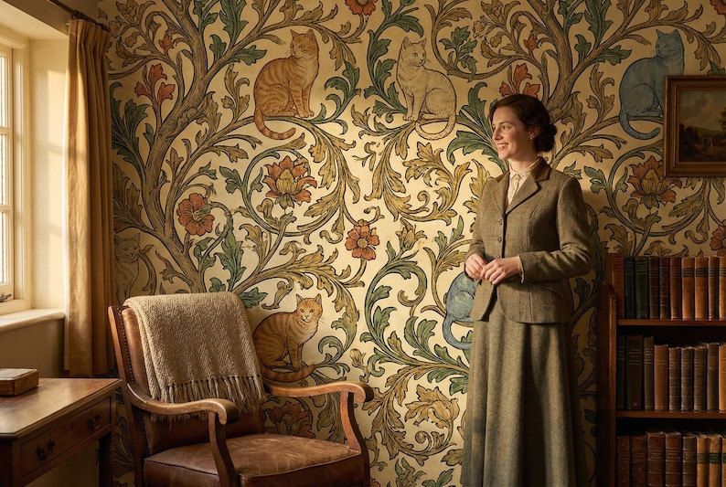 Pode incluir: Uma mulher de fato de tweed est&aacute; numa sala com papel de parede decorado com gatos e motivos florais. Uma cadeira de madeira com uma manta e uma estante cheia de livros tamb&eacute;m s&atilde;o vis&iacute;veis.