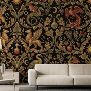Alchemy Gothic Wallpaper Dark Peel Stick Mythical Mural Dragon Griffin Removable Vintage Wall Paper