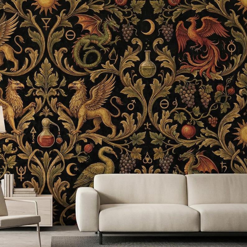 Alchemy Gothic Wallpaper Dark Peel Stick Mythical Mural Dragon Griffin Removable Vintage Wall Paper