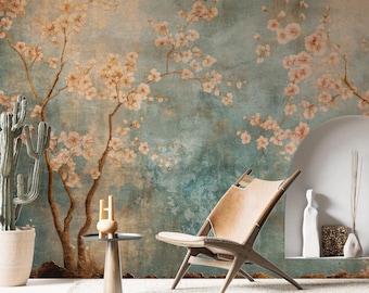 Carta da parati murale con fiori di ciliegio giapponesi: decorazione murale floreale vintage color verde acqua, carta da parati botanica rimovibile autoadesiva.