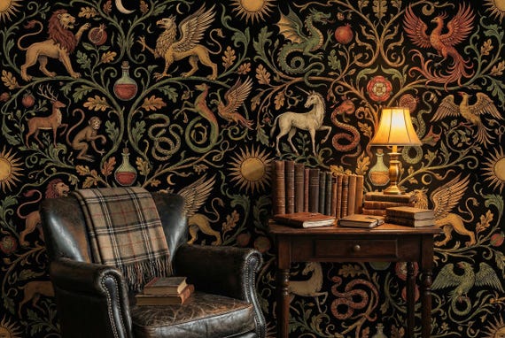 Medieval Alchemy Gothic Mural, Peel and Stick Wallpaper, Dark Animal Non woven Wall Paper