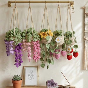 Handmade Crochet Wall Hanging Basket – Sunflower, Strawberry Car Mirror Flower Pot, Birthday Gift for Her, Mother's Day Present