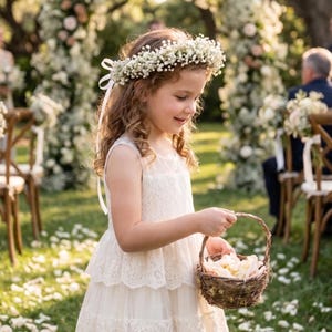May include: A young girl wearing a white lace dress and a flower crown, holding a small woven basket filled with flower petals. The scene is set outdoors, likely at a wedding, with floral decorations in the background.