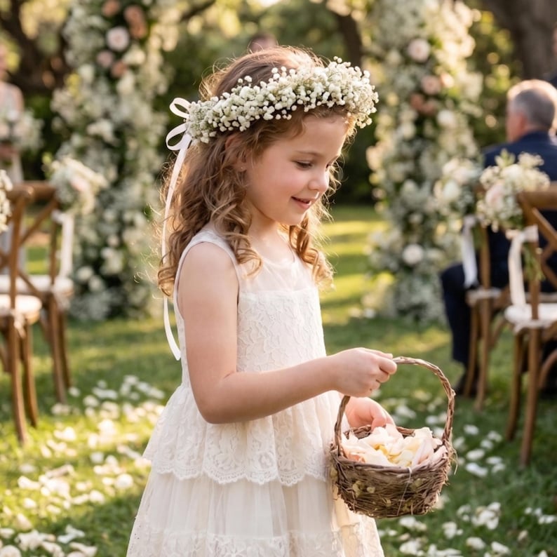 May include: A young girl wearing a white lace dress and a flower crown, holding a small woven basket filled with flower petals. The scene is set outdoors, likely at a wedding, with floral decorations in the background.