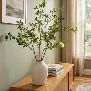 Op de afbeelding: Een witte keramische vaas bevat bladrijke takken met groene bladeren. De vaas staat op een houten kast, naast een stapel boeken en een gouden lamp. Een ingelijste landschapsschilderij hangt aan de muur.