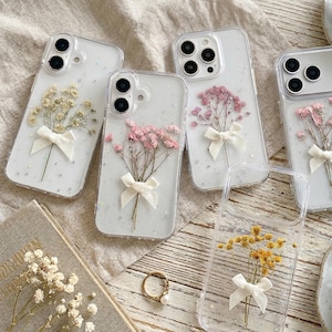 Real Baby's Breath Pressed Flower Phone Case with Bow & Glitter | Handmade Clear Floral Resin Cover | iPhone 15 16 17 Pro Max Case