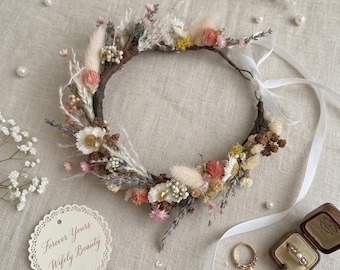 Wild Dried Flower Crown: Handmade Boho Bride Headpiece | Rustic Wedding Floral Hair Wreath,Boutonnière, Wrist corsage