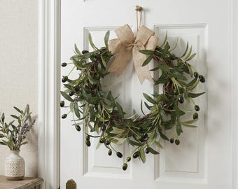 Artificial Olive Wreath for Front Door, Farmhouse Wall Decor, Mediterranean Greenery Decor, Year Round Wreath, Spring and Summer Door Decor