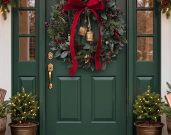 Christmas Wreath for Front Door, Faux Holiday Pine Wreath with Red Velvet Bow & Brass Bells, Winter Door Decor, Farmhouse Christmas Wreath