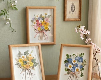 Framed Pressed Flower Art | Real Dried Floral Bouquet in Wood Frame | Botanical Wall Decor | Cottagecore Home Accent | Herbarium Art Gift