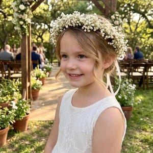 May include: A young girl wearing a white lace dress and a flower crown smiles at the camera. The flower crown is made of small white flowers. The background shows an outdoor wedding ceremony with floral decorations and guests.