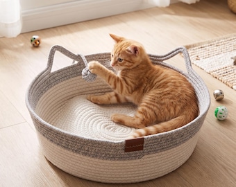 Woven Cotton Rope Cat Bed with Ball Toy | Cute Cat Shaped Pet Basket | Kitten Snuggle Nest | Modern Boho Cat Furniture | Gift for Cat Lovers