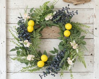 Vibrant Summer Artificial Lemon Wreath with Blueberries, Everyday Farmhouse Front Door Decor, Cottagecore Spring Wreath, Housewarming Gift