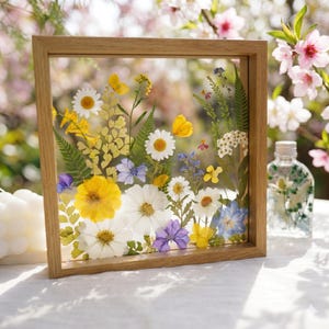 Op de afbeelding: Een vierkant houten frame omsluit een levendig arrangement van geperste bloemen. De display bevat witte madeliefjes, gele bloemen en blauwe en paarse accenten. Het frame staat tegen een vage achtergrond van roze bloesems en een heldere fles met groen.