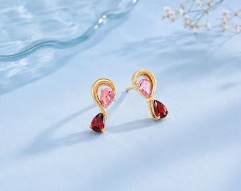 Gold Teardrop Gemstone Earrings | Pink Red Dainty Studs, Sterling Silver Posts