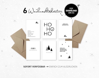 Weihnachtskarten Set | Druckvorlage | 6 St. s/w  | Printable PDF Vorlage | Digitale Weihnachtskarte | Sofort-Download