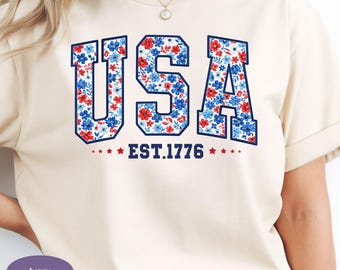 Floral USA Est 1776 Comfort Colors Shirt, Patriotic Floral America Tee, Women 4th of July Shirt, Girly American Flag Shirt.