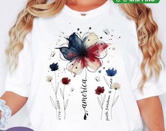 Floral America 250 Years Comfort Colors Shirt, USA Anniversary 1776-2026 Tee, Women Patriotic Wildflower T-Shirt, Boho Floral 4th of July.