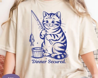 Dinner Secured Cat Fishing Shirt, Comfort Colors Funny Fisherman Cat TShirt, Cute Kitty Angler Tee, Cat Lover Gift, Cozy Gift for Fishing.