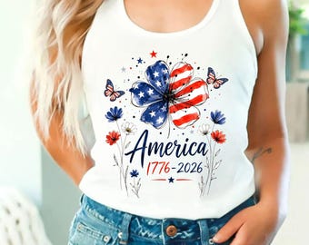 Floral America 250 Years Freedom Racerback Tank Top, 250th Anniversary 1776 2026 V Neck Tee, 4th of July Patriotic Wildflower Women Top.