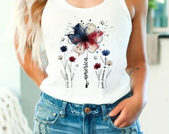 Floral America 250 Years Freedom Racerback Tank Top, 250th Anniversary 1776 2026 V Neck Tee, 4th of July Patriotic Wildflower Women Top.