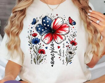 Floral America 250 Years Comfort Colors Shirt, USA Anniversary 1776-2026 Tee, Women Patriotic Wildflower T-Shirt, Boho Floral 4th of July.