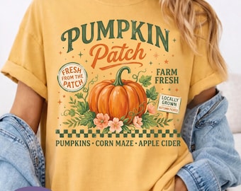 Retro Pumpkin Patch Comfort Colors Shirt, Vintage Farm Fresh Pumpkin Tee, Autumn Harvest T-Shirt, Cozy Fall Festival Graphic Gift for Women.