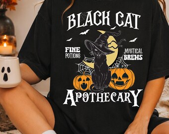 Black Cat Apothecary Comfort Colors Shirt, Witchy Black Cat Halloween Tee, Spooky Season Cat Lover Shirt, Gothic Witchcore Fall Graphic Tee.