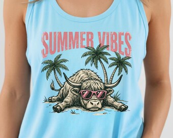 Summer Vibes Highland Cow Racerback Tank Top, Highland Cow V Neck, Funny Beach Cow Tank, Cute Summer Beach Vacation Gift.
