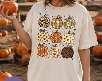 Preppy Patterned Pumpkin Comfort Colors Shirt, Boho Floral Fall Pumpkin Tee, Leopard Floral Plaid Pumpkin Tshirt, Autumn Gift.