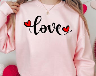 Love Script Heart Sweatshirt, Minimalist Valentine Heart Hoodie, Romantic Love Words Sweater, Matching Couple Love Gift.