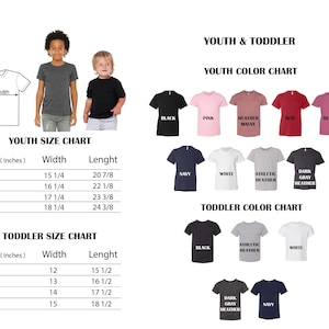 May include: Image showing a youth and toddler t-shirt size chart. The chart includes measurements in inches for youth and toddler sizes, along with a color chart featuring various t-shirt colors like black, pink, and navy.