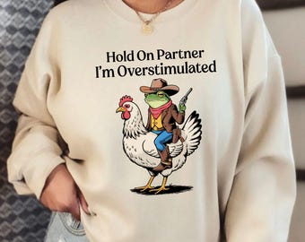 Cowboy Frog Riding Chicken Sweatshirt, Funny Western Meme Hoodie, Whimsical Animal Rodeo Sweater