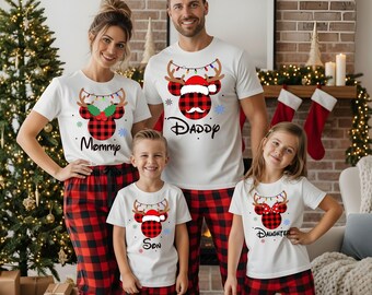 Custom Minnie Mickey Plaid Disney Family Christmas Shirt, Comfort Colors Disney Matching Holiday Tee, Plaid Disney Family Group Tshirt.